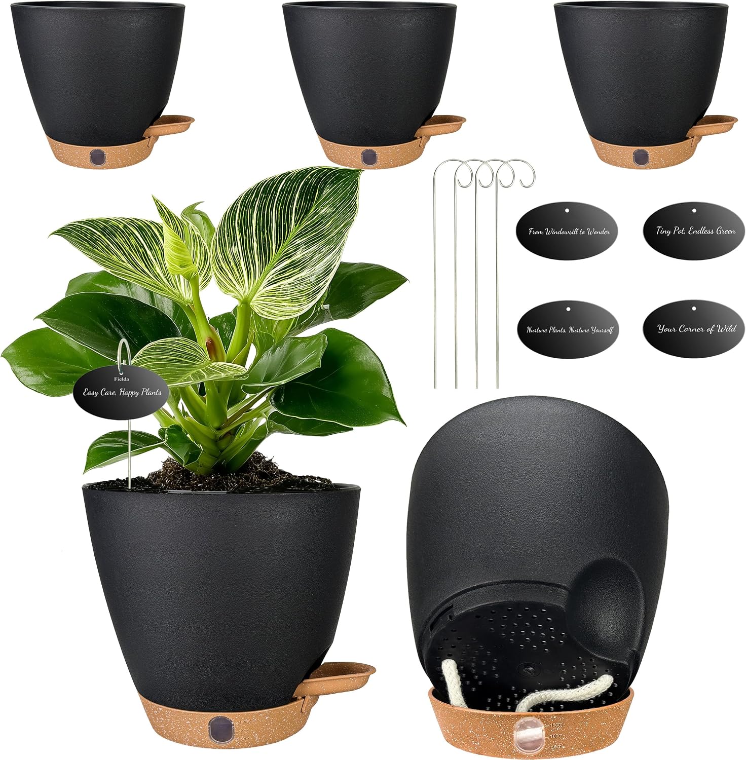 Five-Pack Black Self-Watering Pots