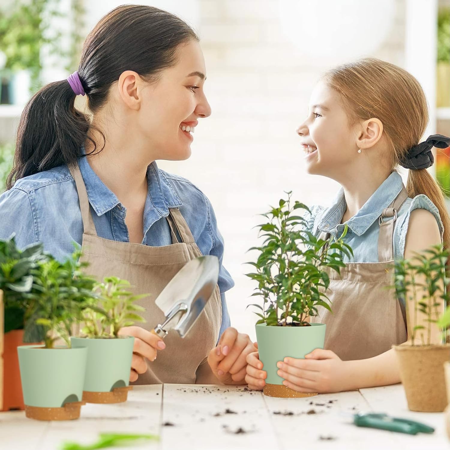 Six-Piece Sage Green Self-Watering Pots