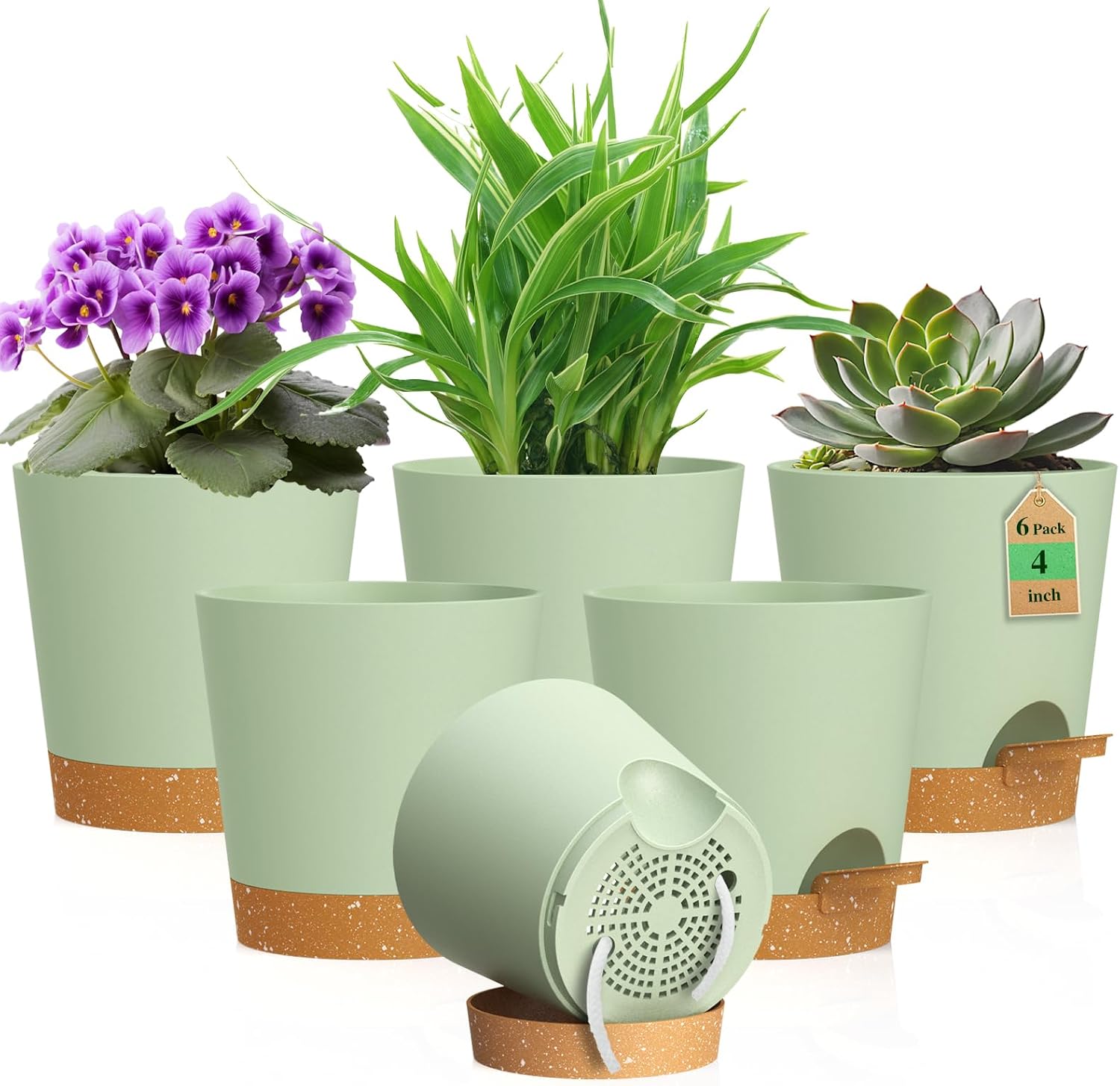 Six-Piece Sage Green Self-Watering Pots