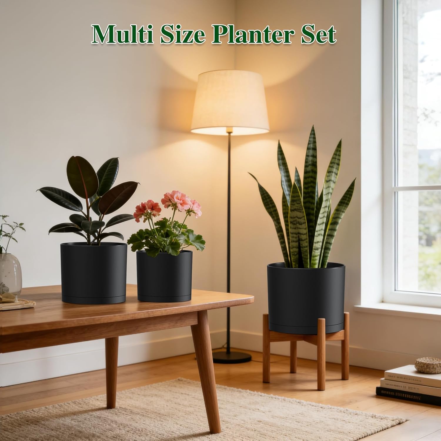 Three-Piece Black Cylindrical Planter Set