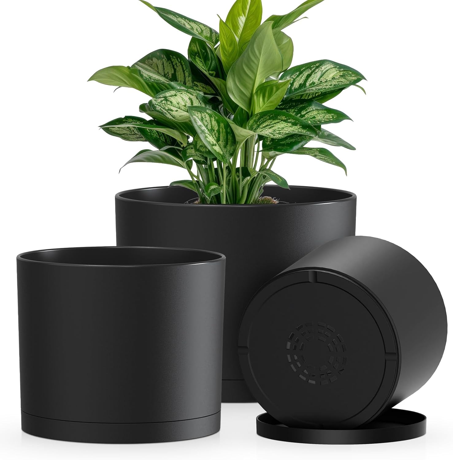 Three-Piece Black Cylindrical Planter Set