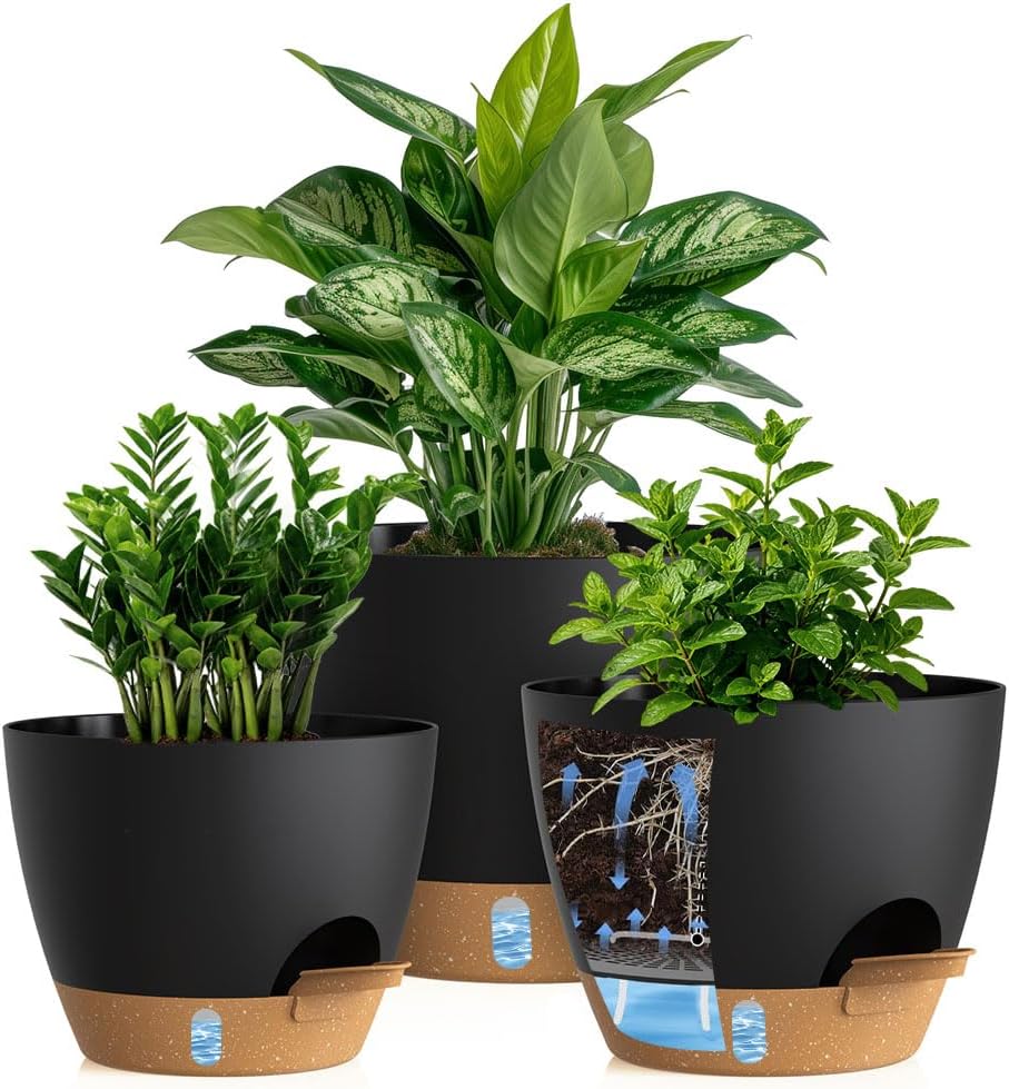 Three-Piece Black Self-Watering Planter Set