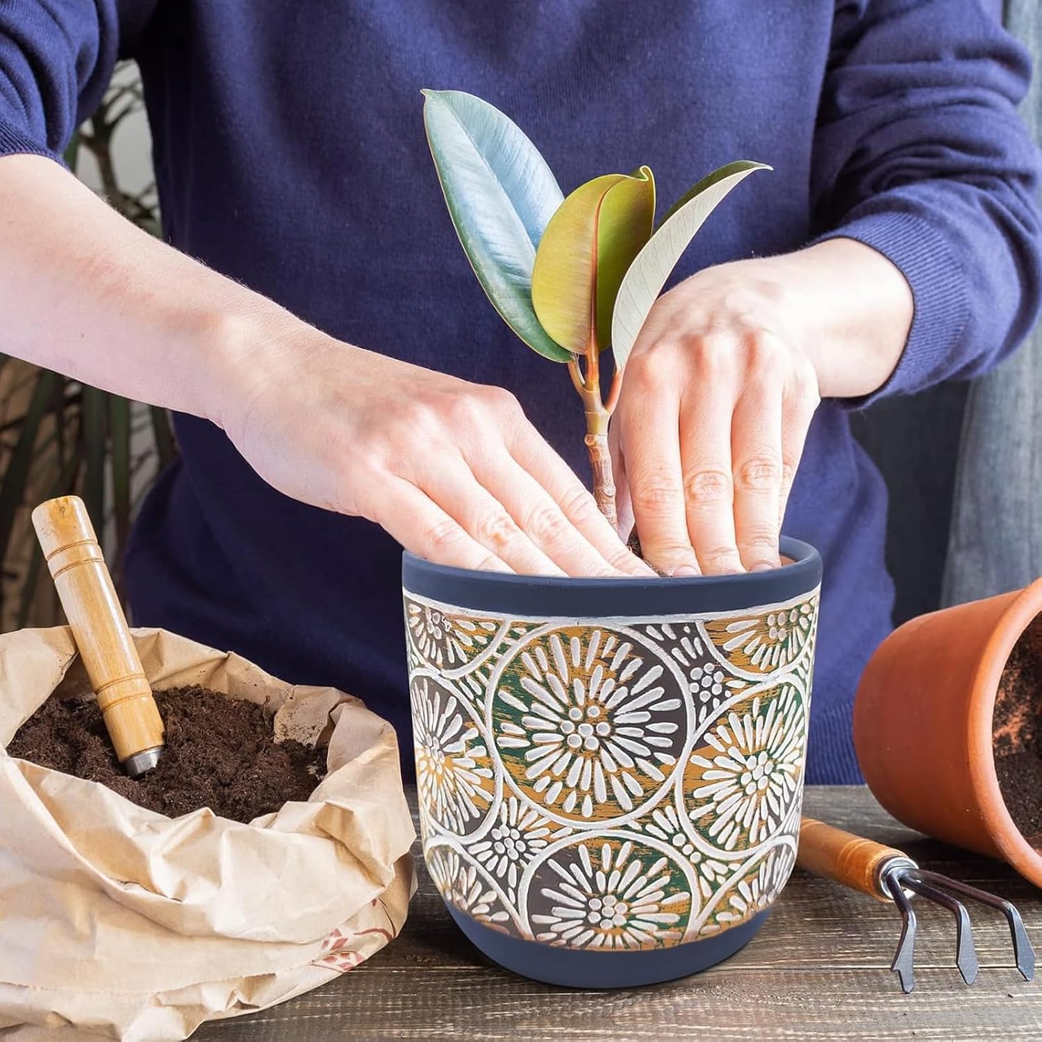 Three-Piece Patterned Ceramic Planter Set