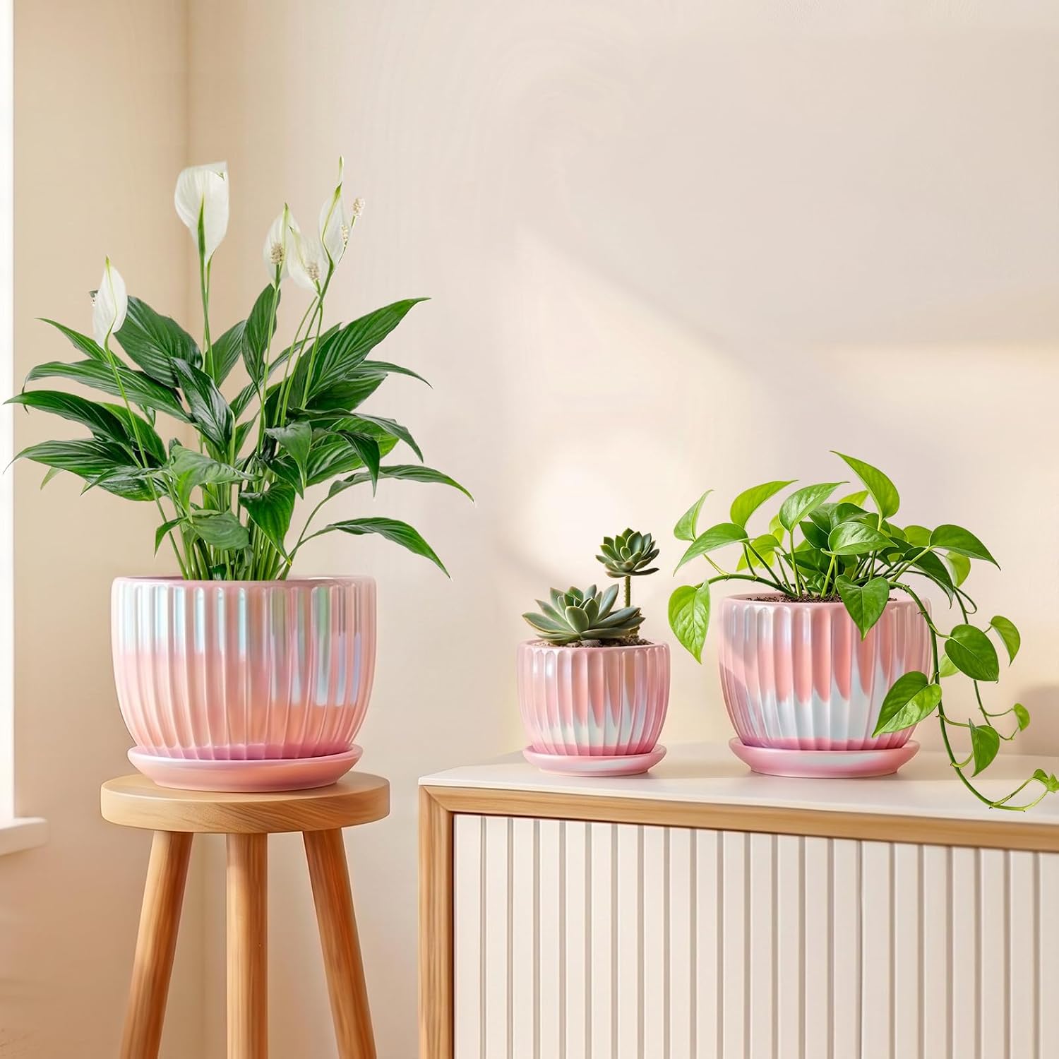 Three-Piece Pink Ceramic Planter Set