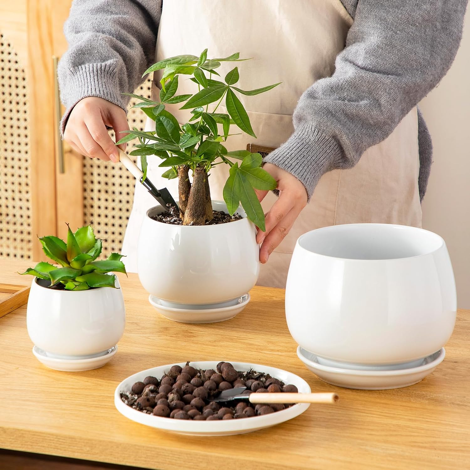 Three-Piece White Ceramic Planter Set